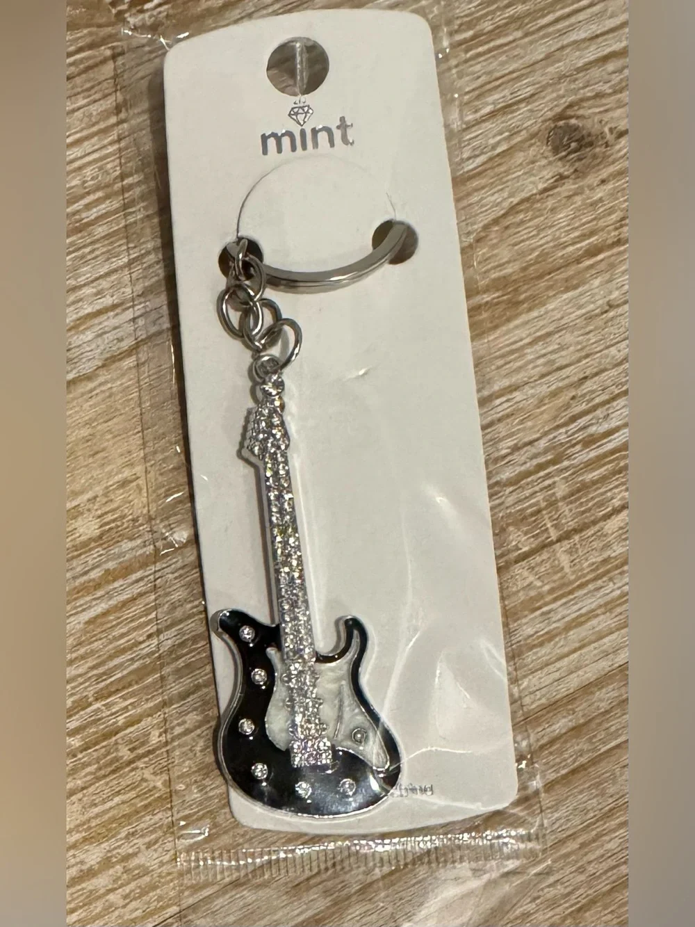 Black Enamel & Silver Rhinestone Guitar Keychain